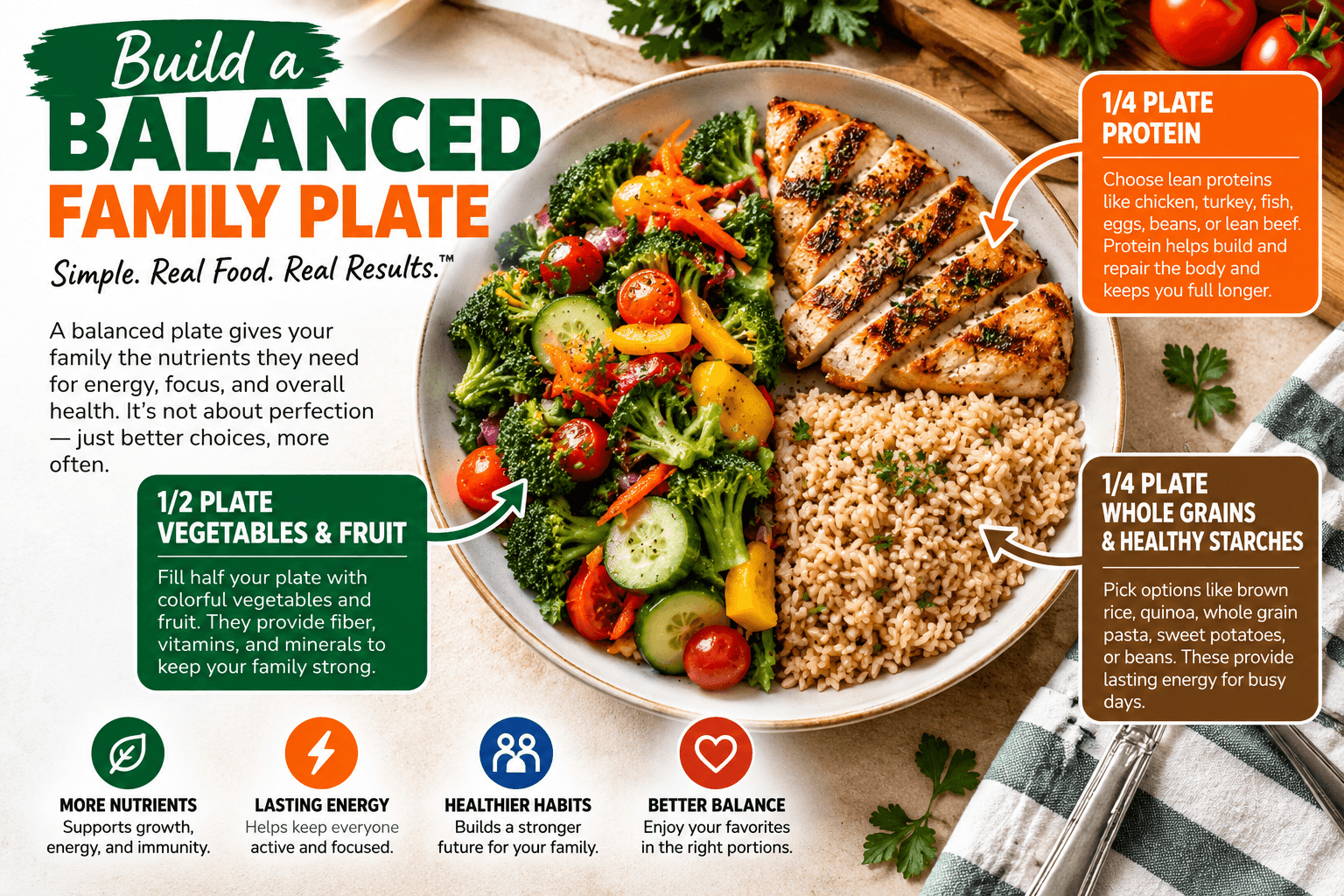 Balanced meal plate with half vegetables, one quarter protein, and one quarter whole grains.