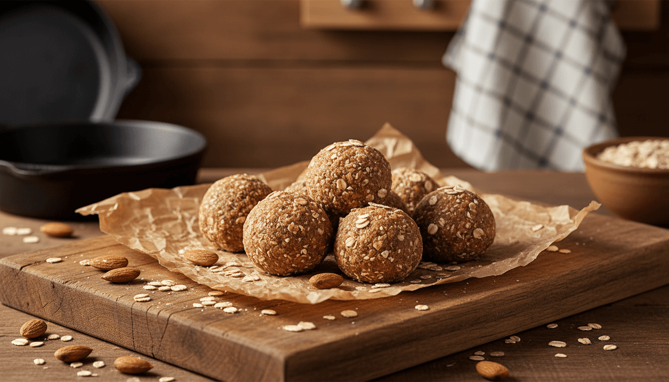 Oat and almond energy bites on parchment with oats and almonds, warm light