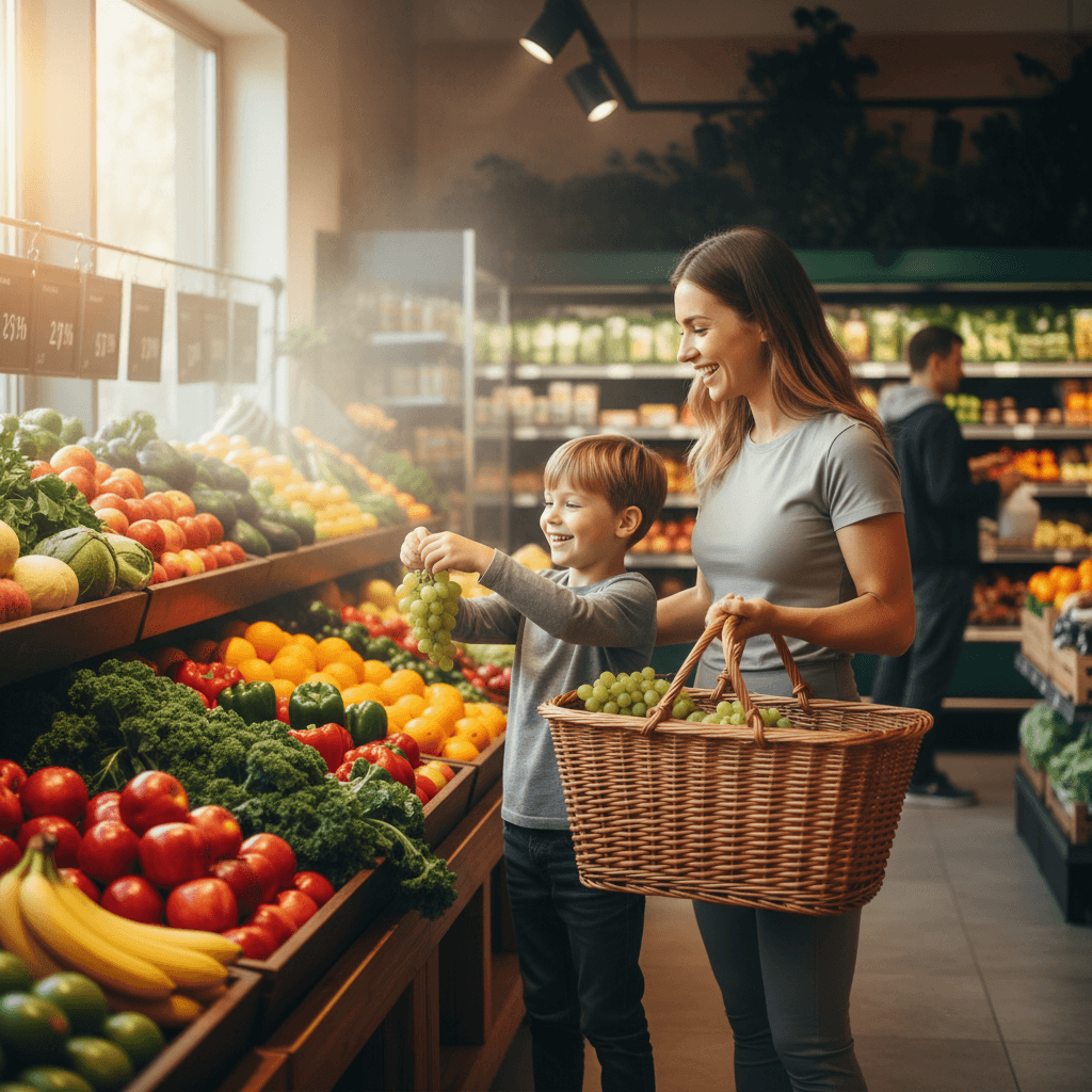 Parent and child selecting fresh produce together in a grocery store aisle