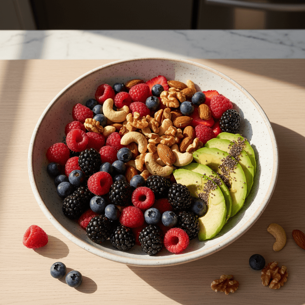 Bowl of fresh berries, nuts, and avocado in a modern kitchen setting