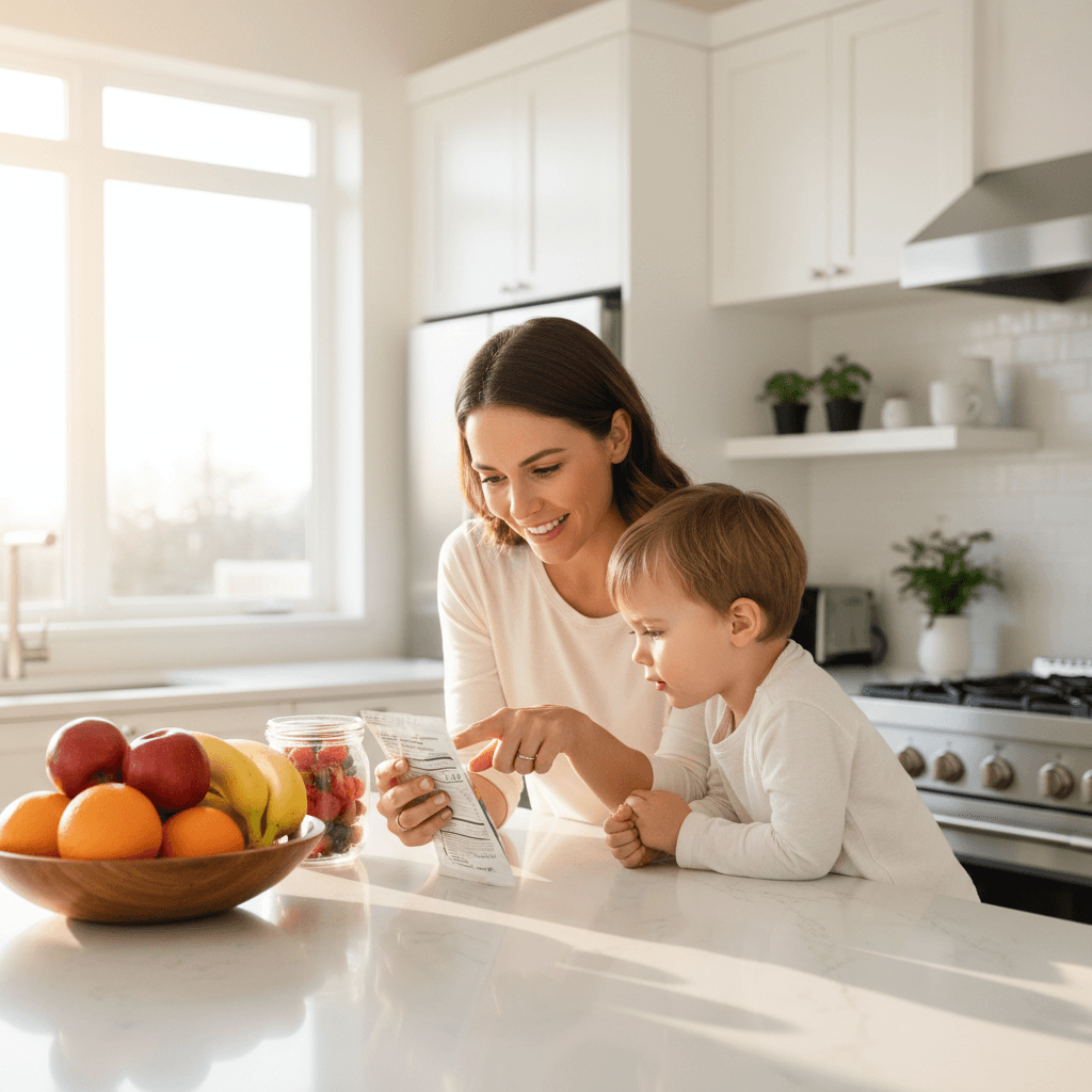 Parent and child read a nutrition label in a kitchen with fresh fruit nearby
