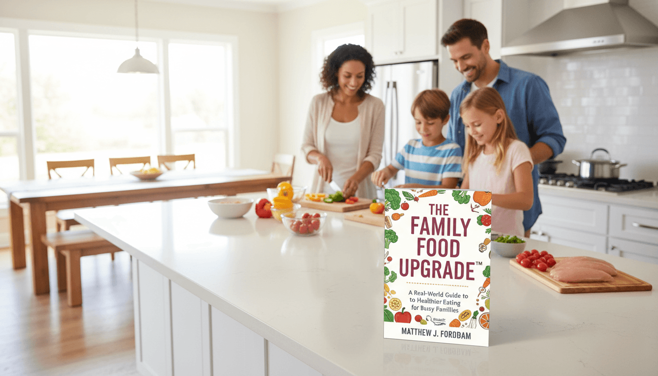 The Family Food Upgrade paperback edition shown in a family kitchen setting with children and parents preparing a meal together