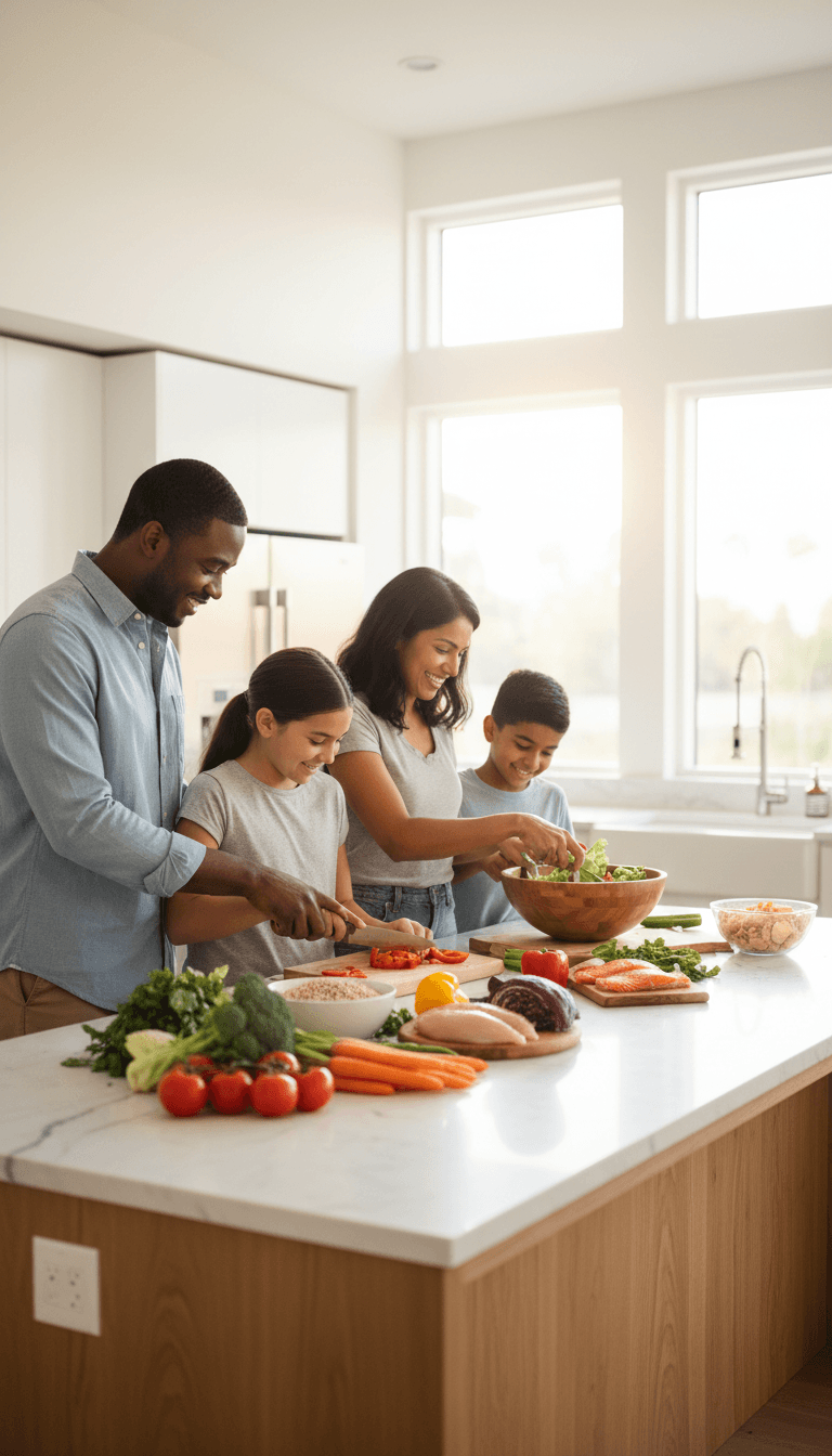 Familia de cuatro personas cocinando comida saludable en una cocina luminosa