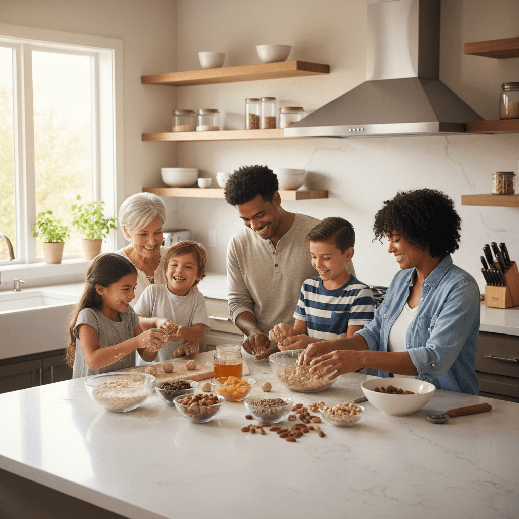 Family joyfully making oat and nut energy bites at kitchen island