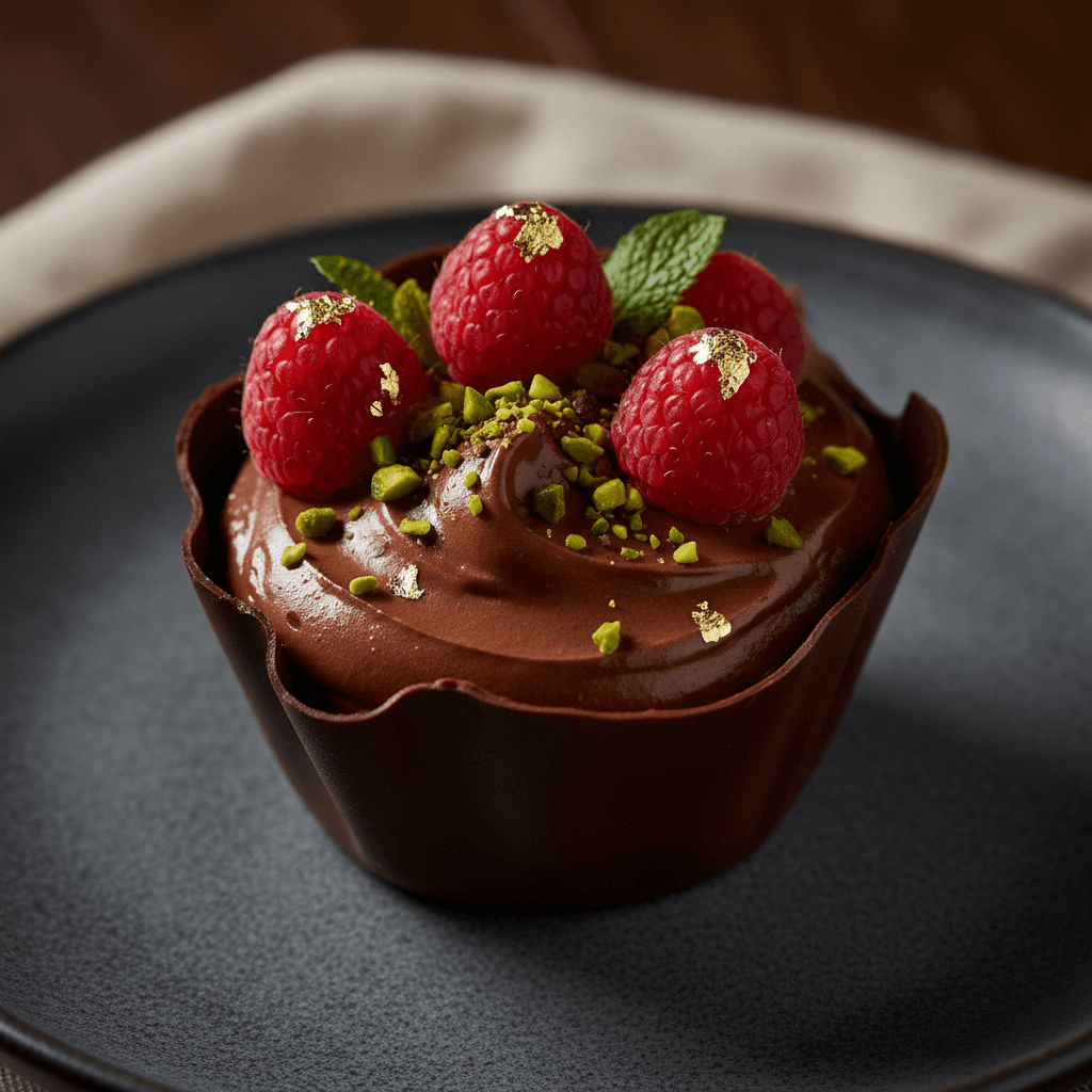 Close-up of a small clear glass cup filled with glossy dark chocolate avocado mousse, topped with fresh raspberries and a sprig of mint, on a marble counter with soft natural window light
