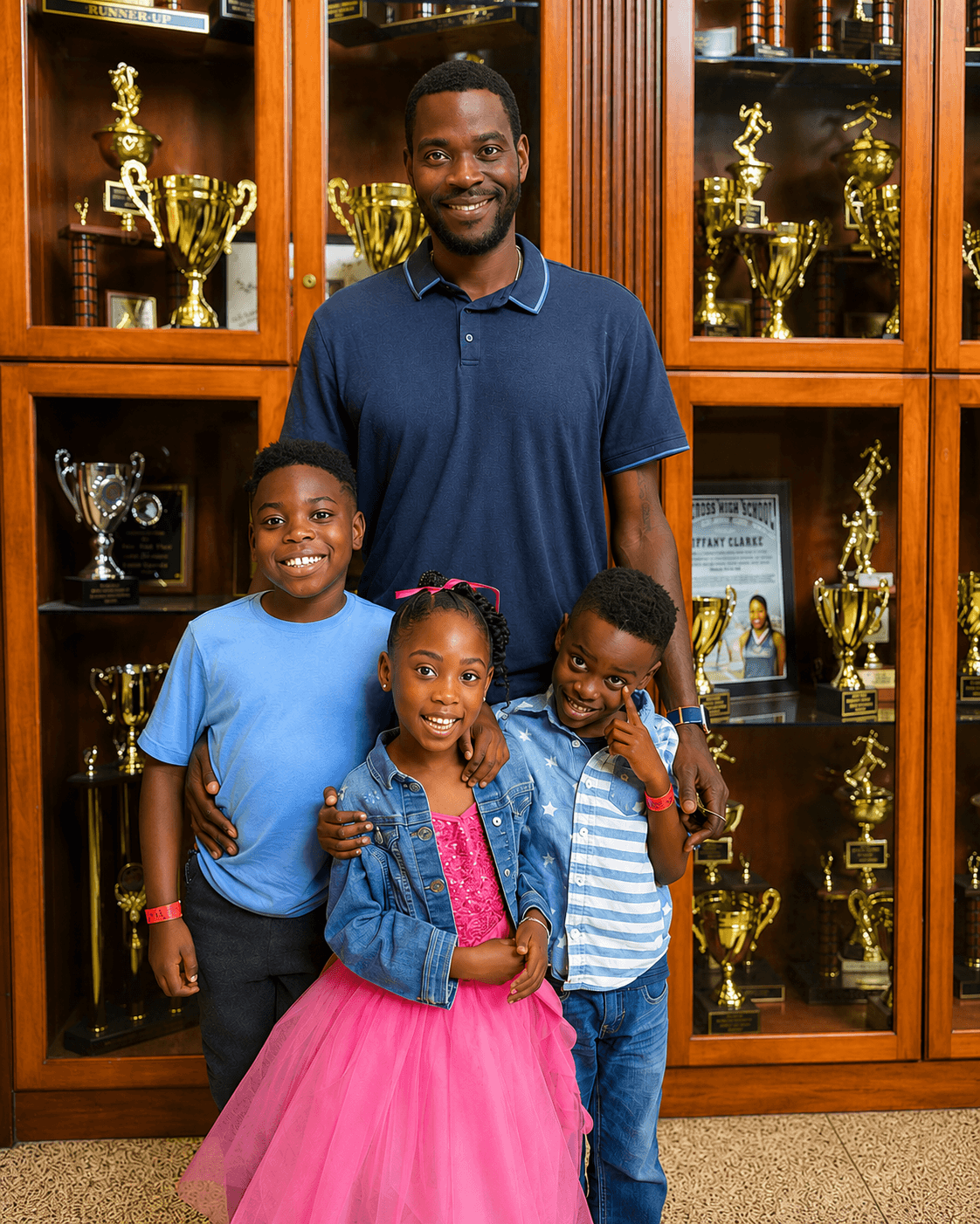 A smiling man and three children stand before a large cabinet filled with trophies.
