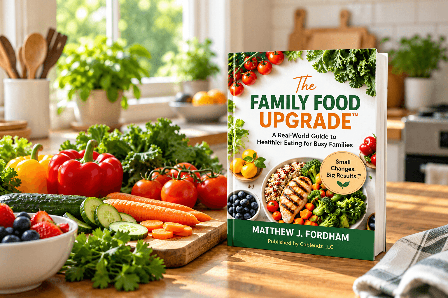"The Family Food Upgrade" cookbook by Matthew J. Fordham surrounded by fresh vegetables and fruit.