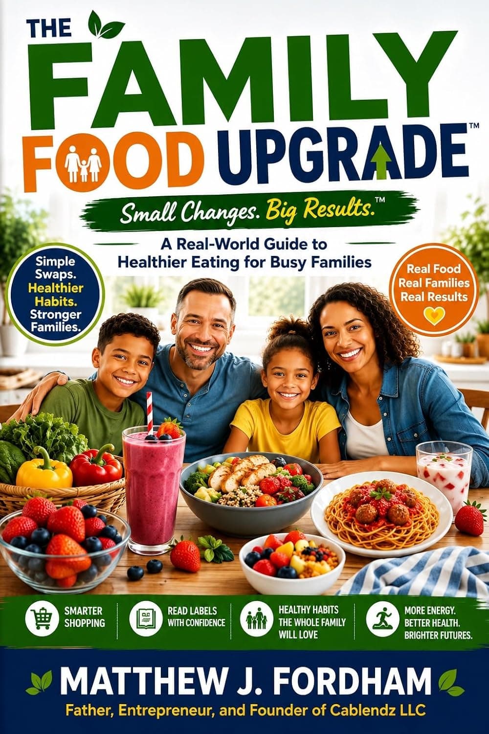 The Family Food Upgrade book cover showing a smiling family enjoying a healthy meal together.