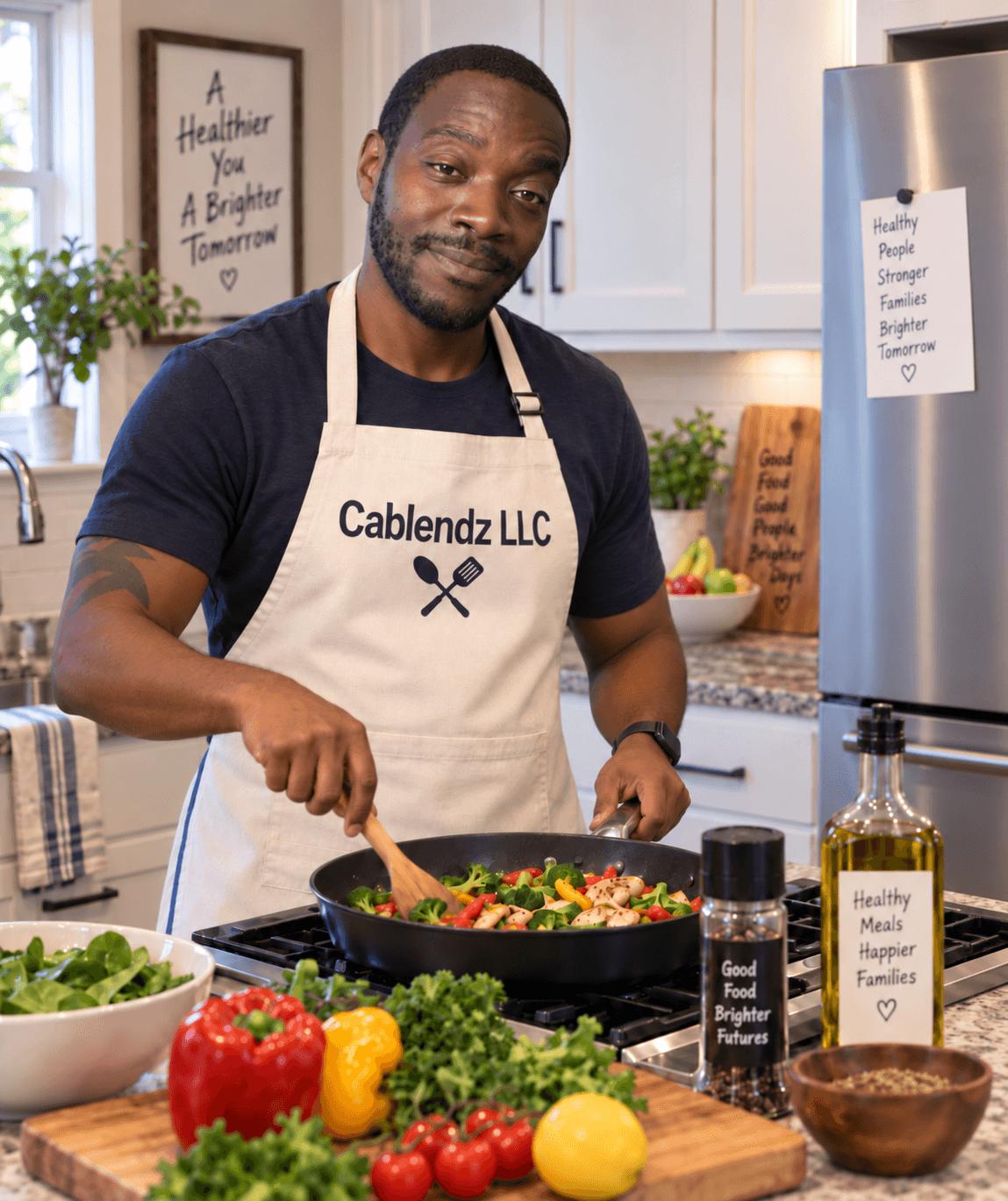 Man in a branded apron stirs fresh vegetables in a pan in a bright kitchen.