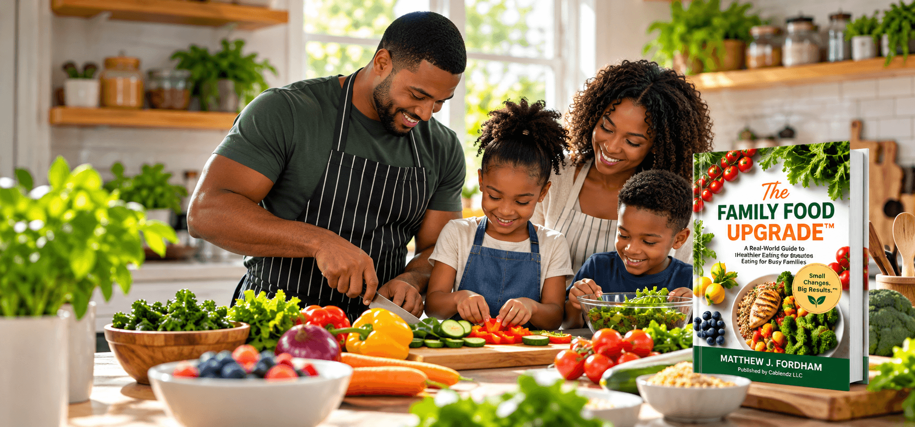 Smiling family prepares fresh vegetables in a kitchen next to 'The Family Food Upgrade' book.