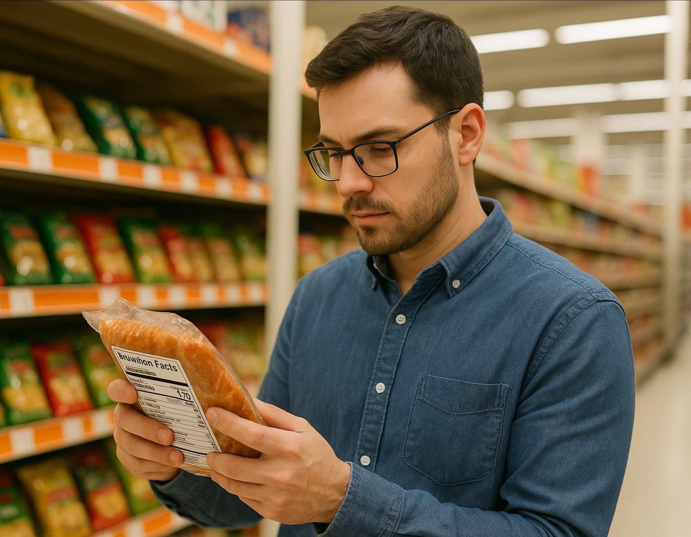 Hombre con gafas leyendo la información nutricional de un producto en el supermercado.