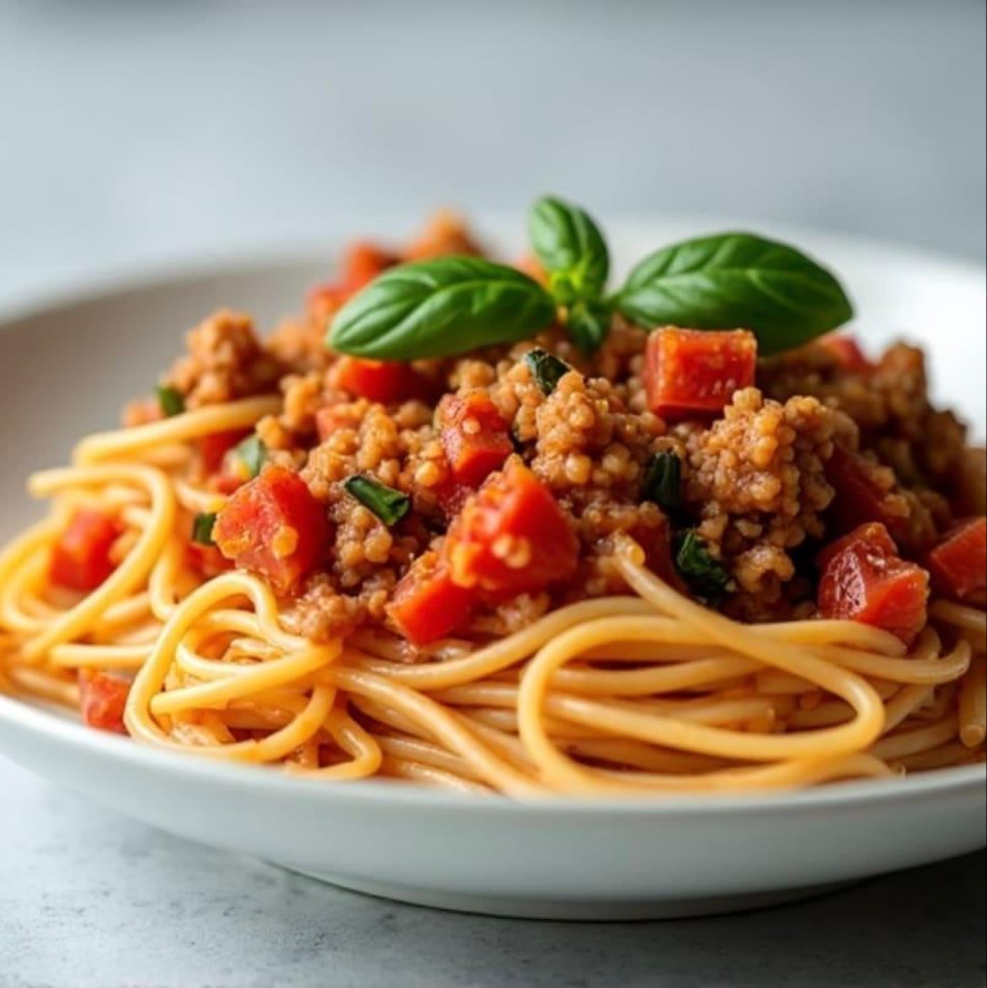 Espaguetis con salsa de carne, tomate y albahaca fresca.
