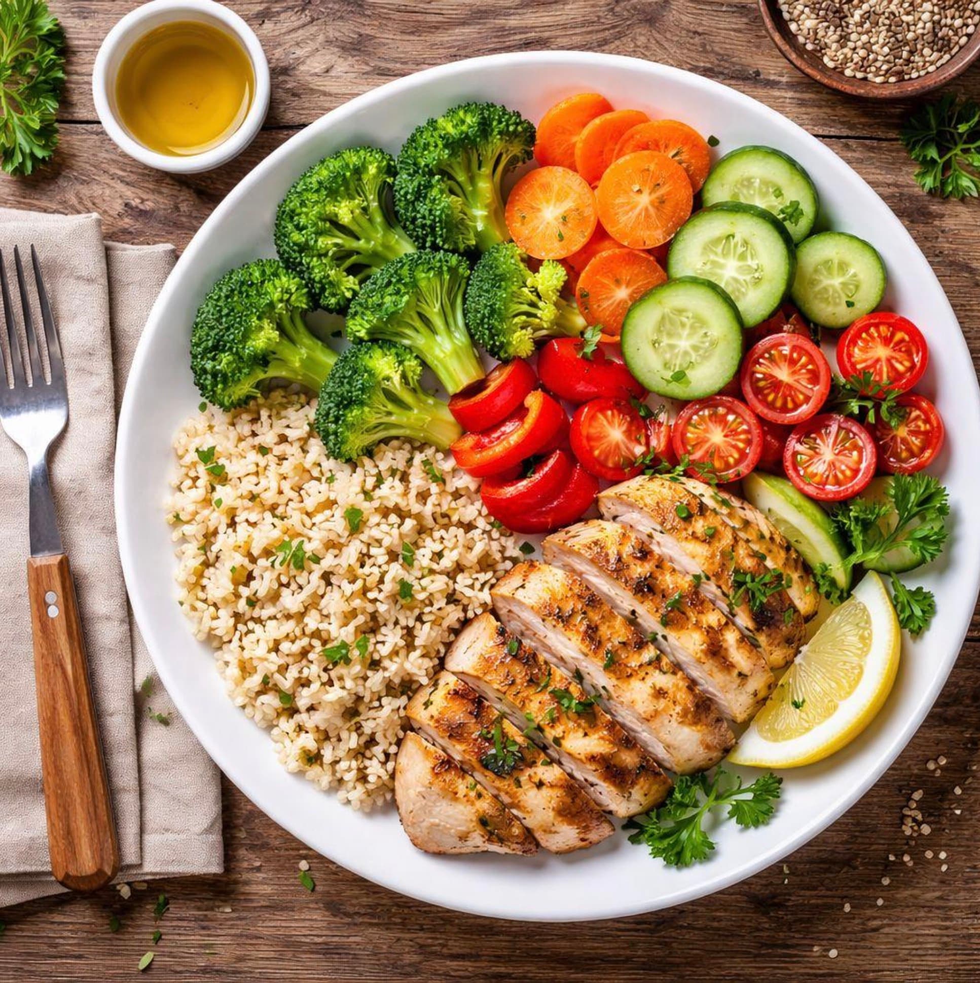 Pechuga de pollo a la plancha con arroz integral y verduras variadas.