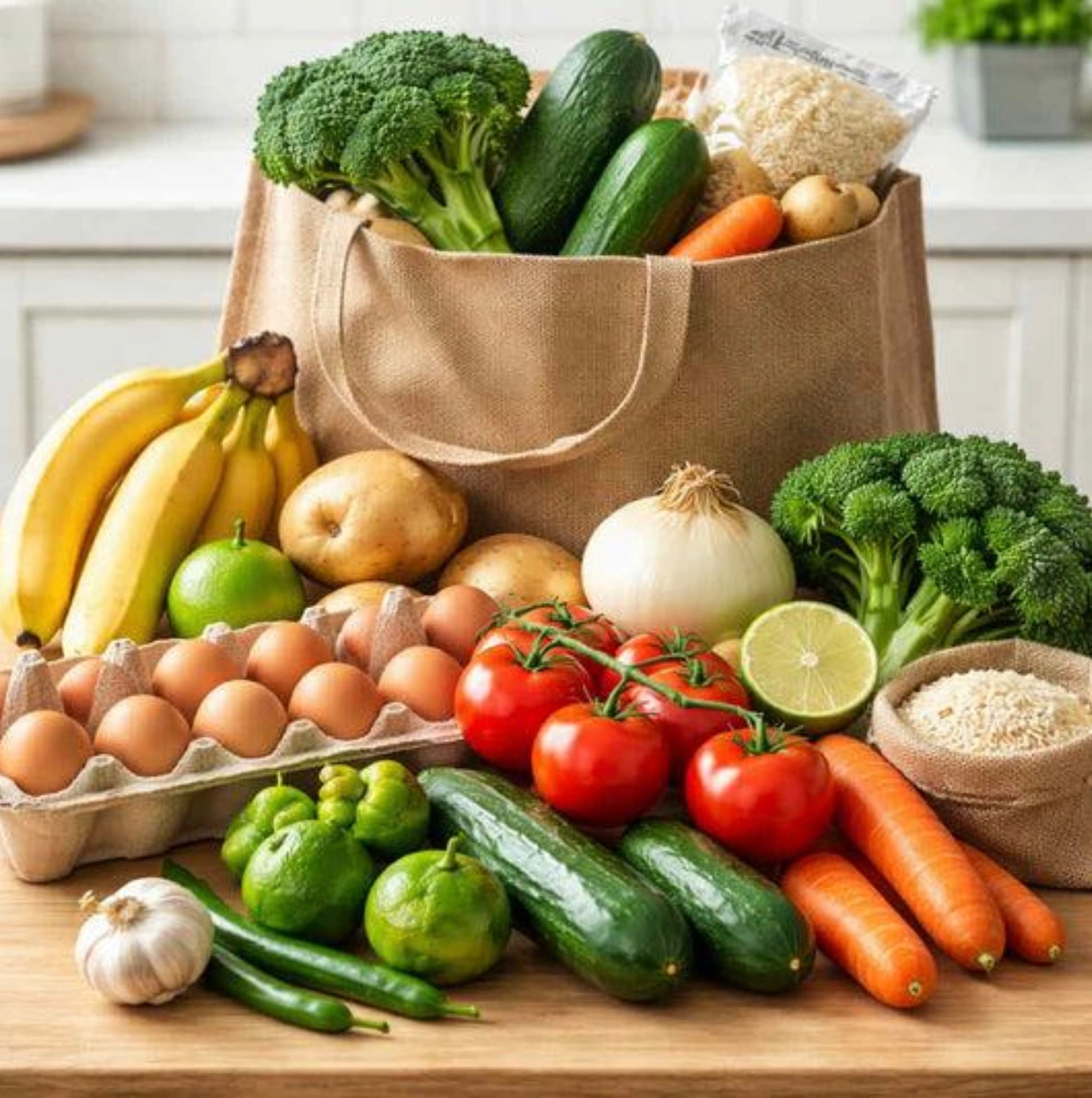 Variedad de verduras, frutas, huevos y arroz sobre una encimera de madera.